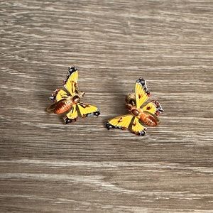 Vintage Butterfly Sterling Silver Hand Painted Clip-On Earrings